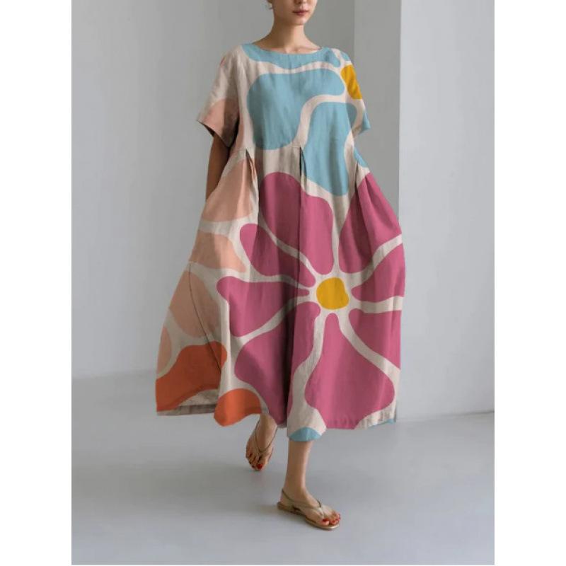 Damen Sommer Übergröße Gestreiftes Print Maxikleid, Lässiges Lockeres Rundhals Kurzarm Oversized A-Linien-Kleid