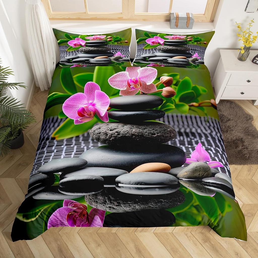 Zen Stones Duvet Cover Green Bamboo Fountain Bedding Set,Twin King,Spa Still Life Comforter Cover Natural Meditation Quilt Cover