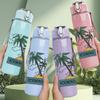 1PC Tropical Palm Island Sketch Print 750ml Colorful Plastic Sports Water Bottle Leakproof Pop Up Lid with Straw for Outdoor Work Home Use