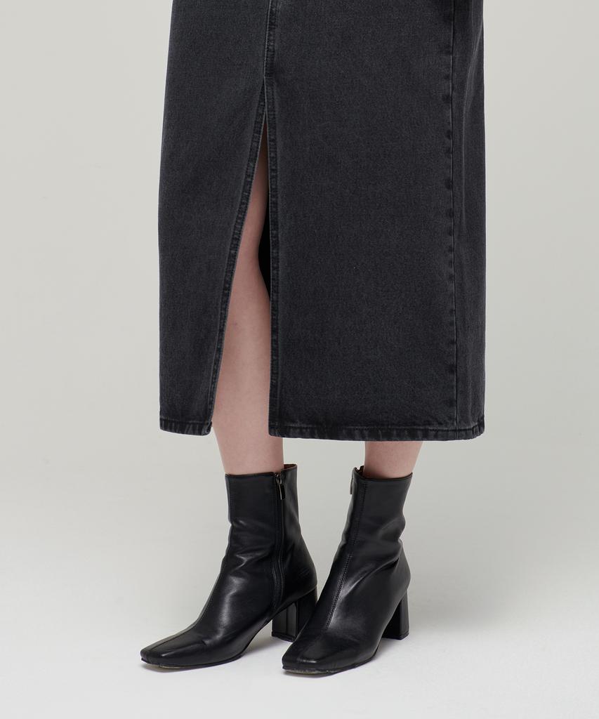 Musinsa Standard Woman Women'S Front Slit Denim Long Skirt [Washed Black]