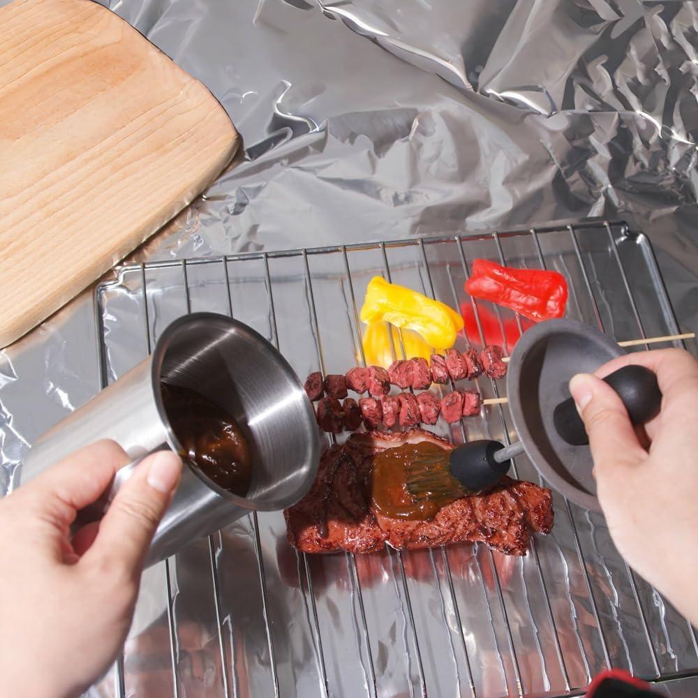 Stainless Steel Basting Pot Set Rust-proof Dustproof Lid Sauce Basting Pot with Brush Grilling Basting Pot Pancake