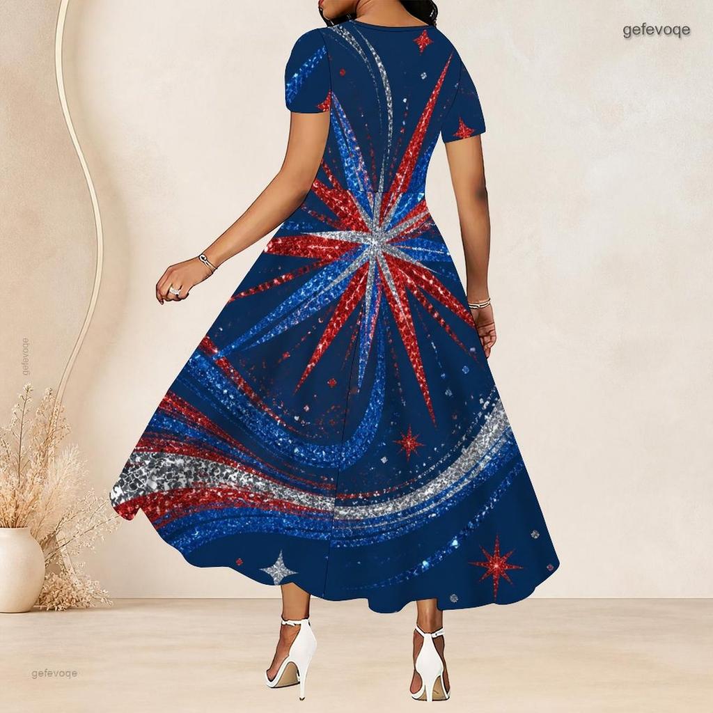 Women Plus Size Round Neck Short Sleeve Printed Gathered Waist A Line Long Dress Red Blue White
