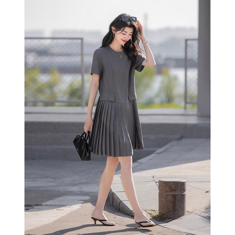 Demana Casual Style Women's Round Neck Pleated A-Line Midi Dress with Pockets