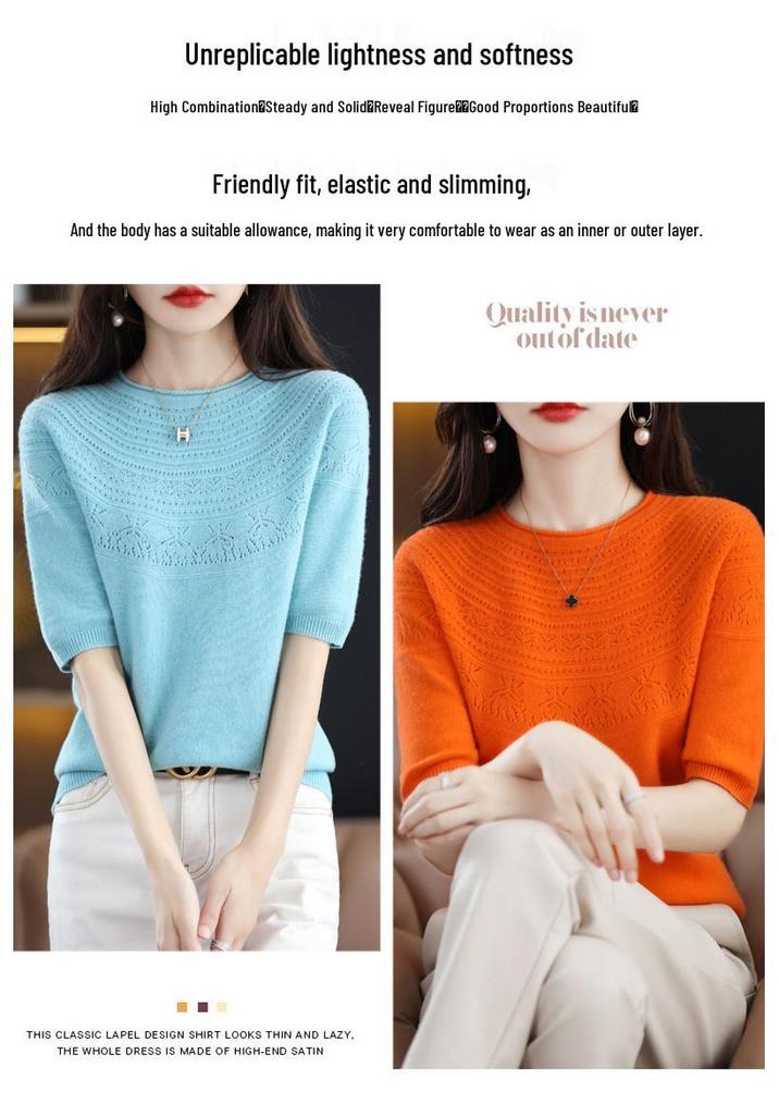 Women's Slim Fit Wool-Cashmere Sweater: Round Neck, Short Sleeve, Ideal for Autumn-Winter Layering