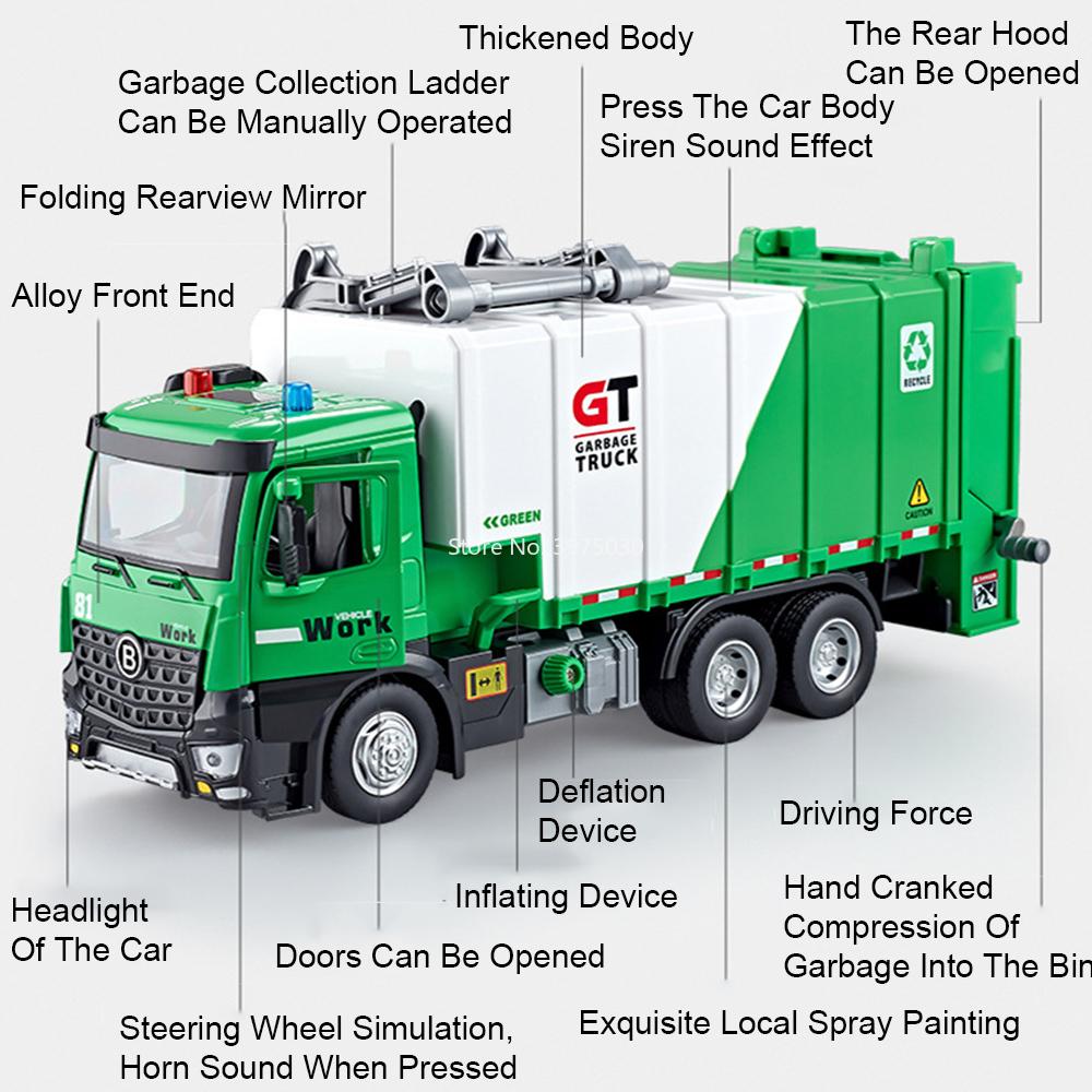 AAYS1 1:24 Compression Inflation Garbage Cars Toy Model Alloy Diecast Doors Opened Miniature Sanitation Truck for Child Festival Gifts