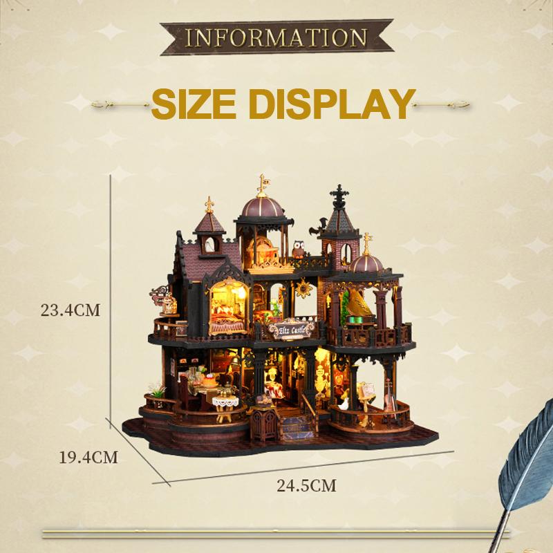 Dřevěné puzzle DIY Hrad Edinburgh Figurky Domů Miniatury Sady S LED Světly Domeček pro panenky Domácí Dekorace Pro Dospělé Ručně vyráběné Dárky