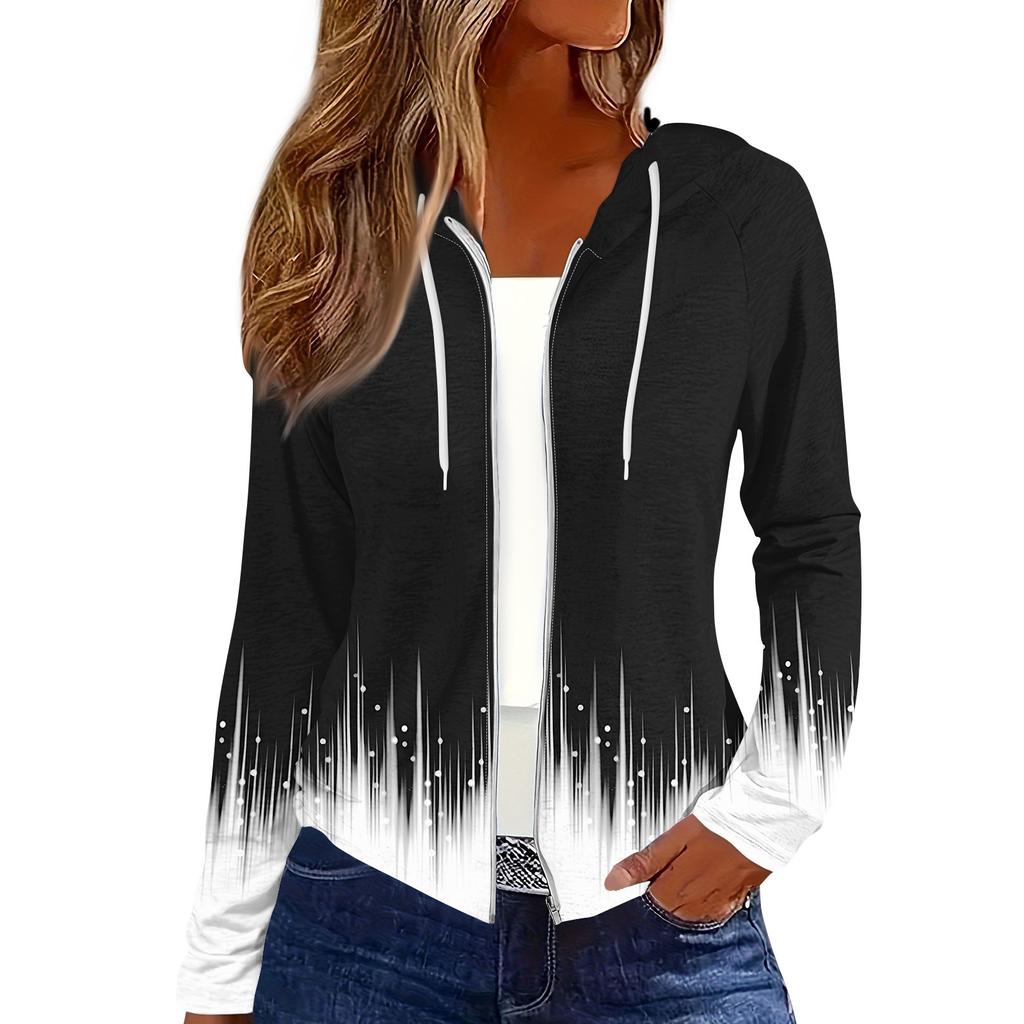 Women's Fashion Casual Zip Up Hooded Print Long Sleeve Sweatshirts Coat