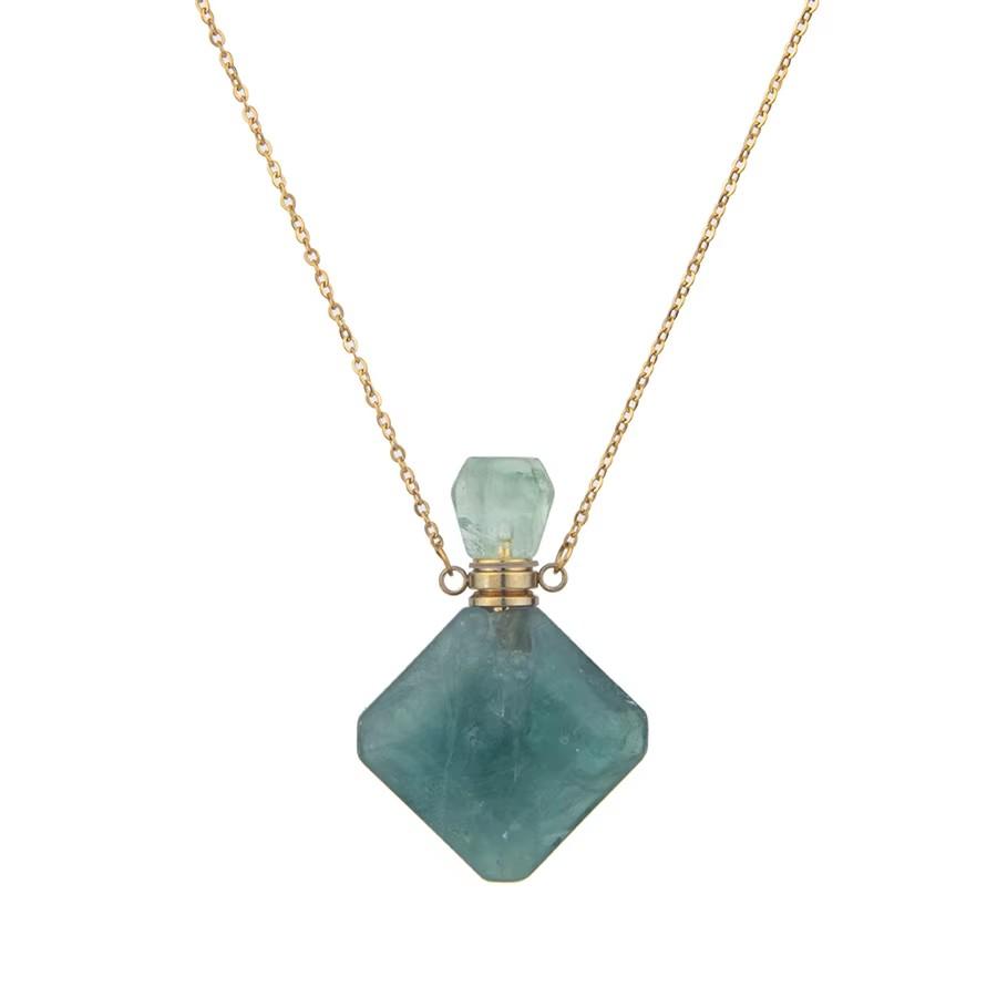 Natural crystal rhombus perfume bottle pendant necklace aromatherapy healing gemstone stainless steel necklace for women
