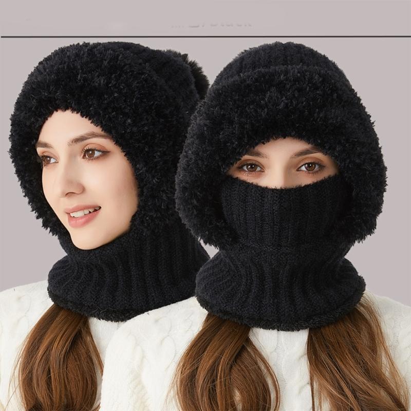 Versatiles Knitted Hat Women Ponytail Hat with Integrated Vintage Neck Warmer for Women with Neck Warmer
