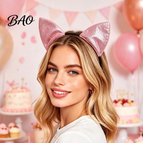 Cat Ear Headband Furry Ears for Women, Glitter Hair Flexible Band Costume Accessory Halloween Cosplay Party And Masquerade Events Comfortable