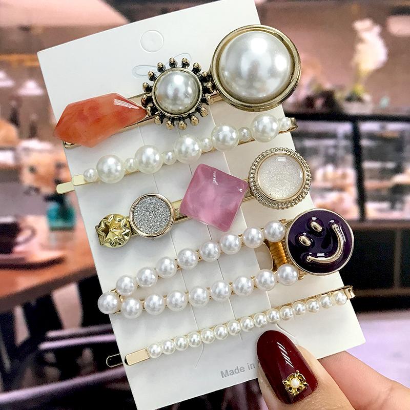 5Pcs/Set Fashion Smiley Pearl Hair Clip For Women Girl Geometric Acetate Barrettes Hairpin Headwear Hair Accessories  Trendy