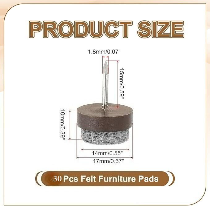 Nail-on Felt Pads, 30 Pcs Round Felt Furniture Sliders Pads Heavy Duty Floor Protectors for Wooden Chair Sofa Table Leg Feet