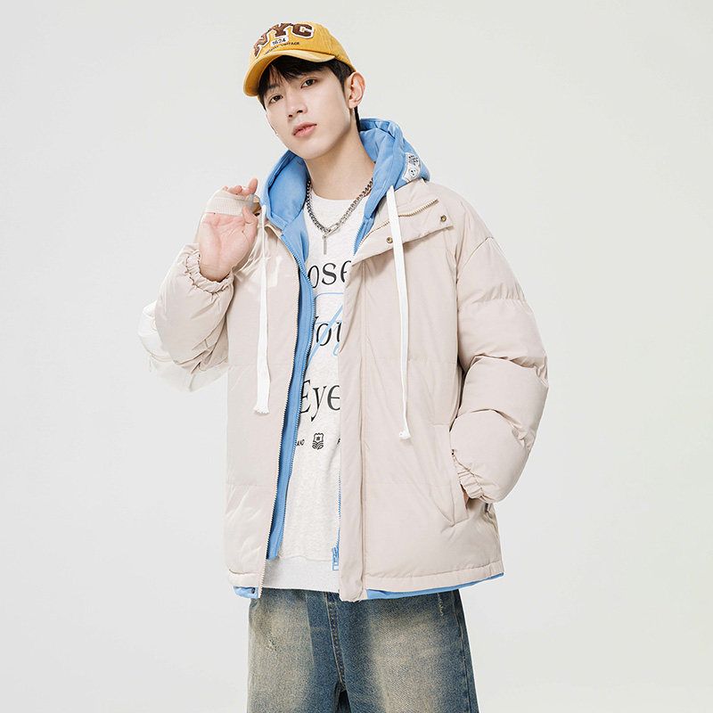 Stock Fake Two-Piece Hooded Cotton Jacket for Men and Women, Couple Style, Faux Hooded Down Jacket, Trendy Brand, Student Thickened Casual Cotton Coat