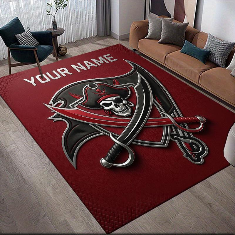 Custom Name,Tampa Bay Buccaneers Home Sofa Decoration for Living Room & Bedroom, Non‑Slip Play Flannel Floor Mat for Game Room