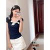 Korean Style Plaid Bow Patchwork T-shirt - Summer 2025 Casual Short Sleeve Top