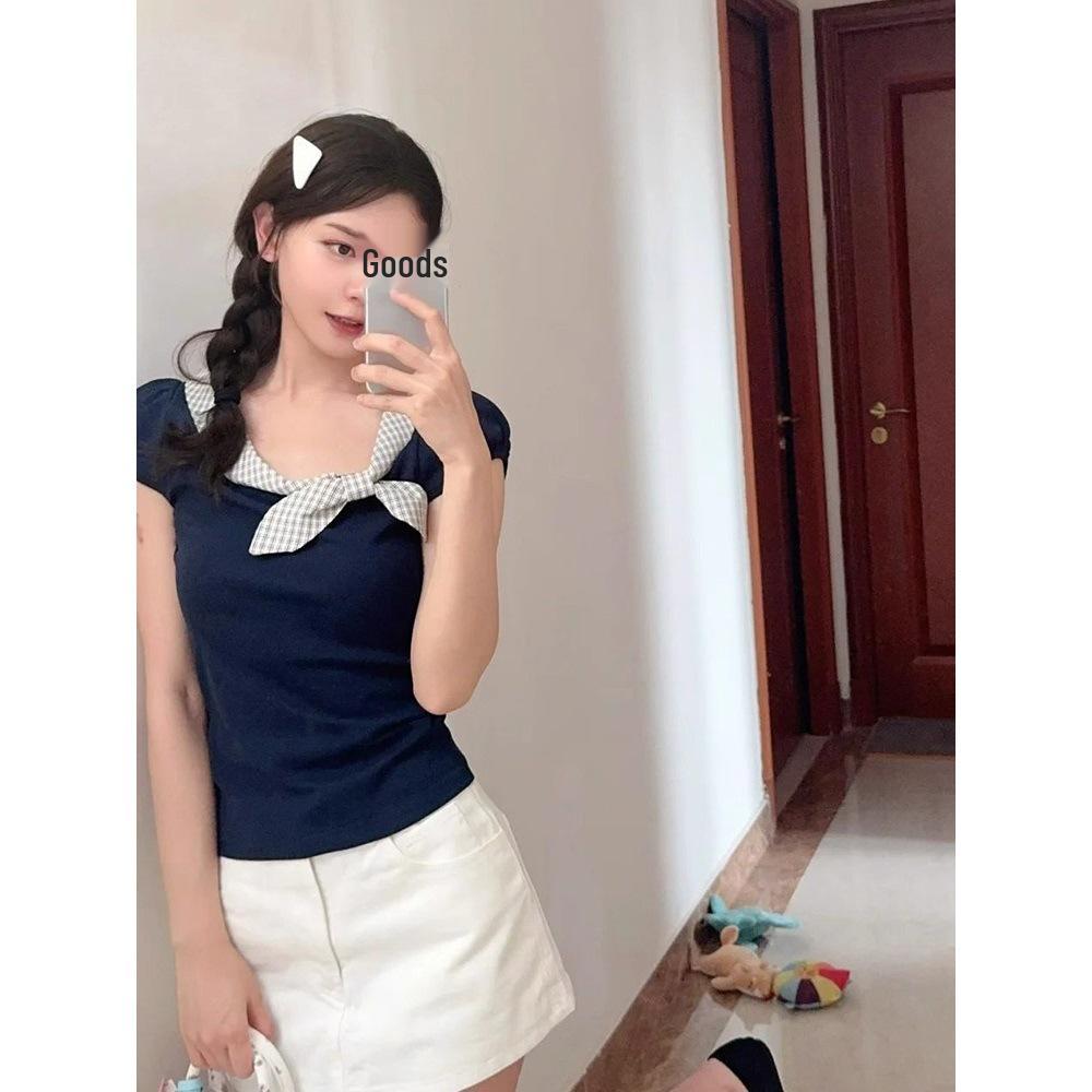 Korean Style Plaid Bow Patchwork T-shirt - Summer 2025 Casual Short Sleeve Top