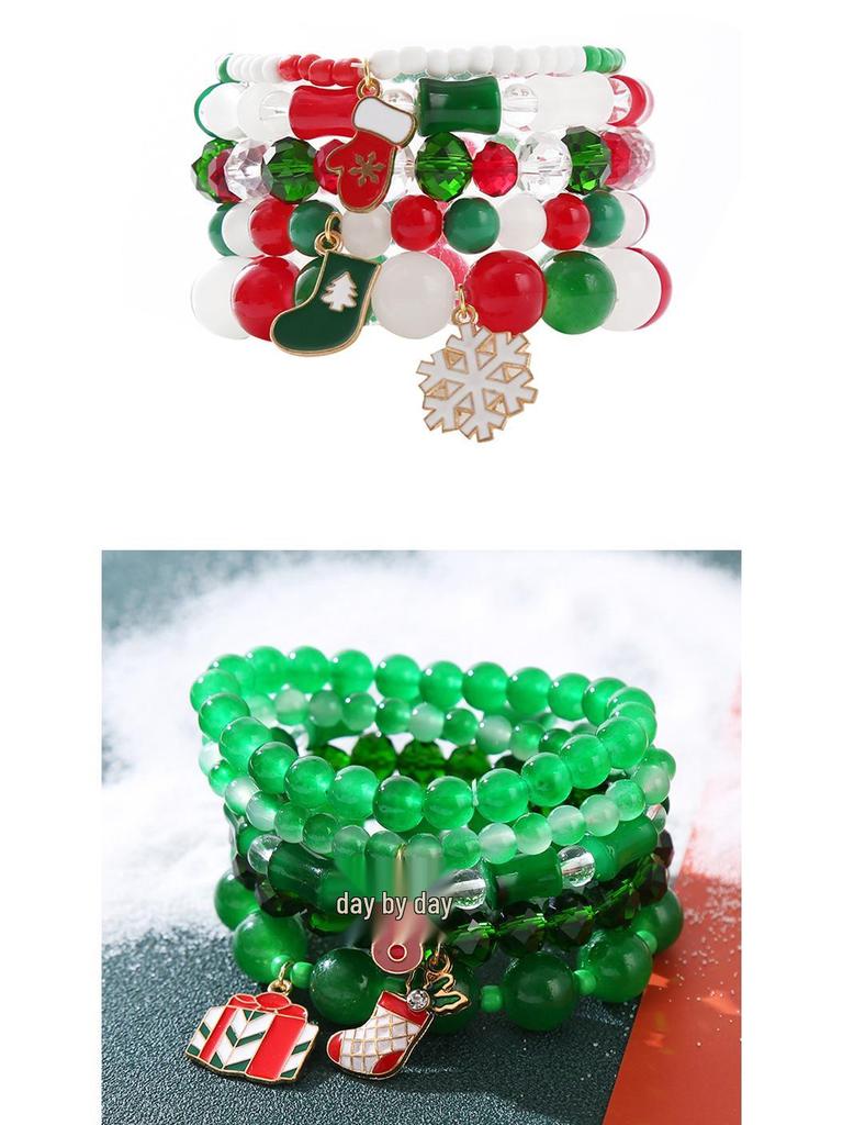 European & American Christmas Bracelet Set with Santa, Bell, & Snowflake Charms for Women