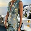 Deep V Neck Sleeveless Waist Tight Flowy Hem Sexy Dress Women Bronzing
