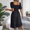 Women's Fashionable Retro Color Square Collar Fungus Hem Waist A-line Long Skirt Short-sleeved Dress
