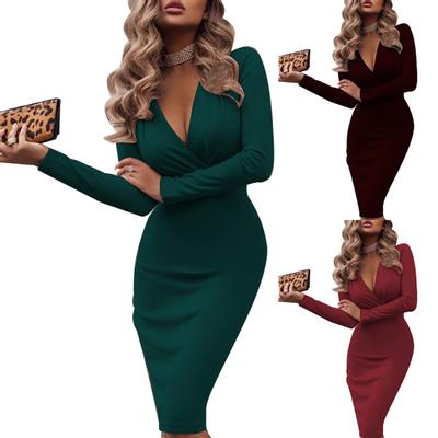 Fashion Lady Solid Color Long Sleeve Cross V Neck Bodycon Banquet Midi Dress