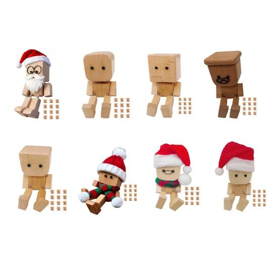 1 Set Christmas Shaking Wooden Man Figurine with 12 Expressions Handmade Santa Hat Shaking Feet Wooden Doll Car Dashboard Desktop Decoration