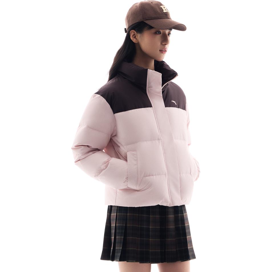 Anta Bequeme Lässige Farbblock Stehkragen Reißverschluss Warme Daunenjacke Damen Oberbekleidung Ebenholzbraun Winterrosa 962447907-3