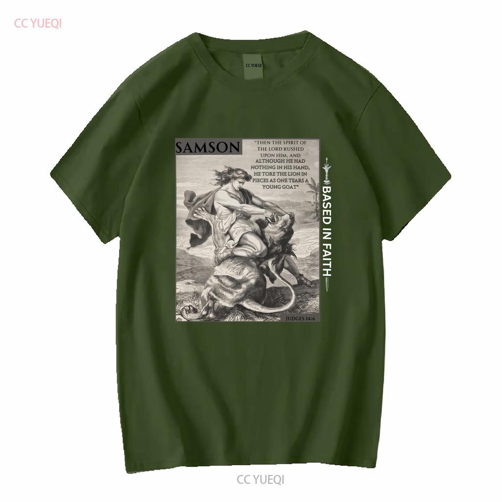 Samson and the Lion Build Your Temple Bible Pump cover sword Gym T Shirt man women long or short sleeves vintage Washed fashion
