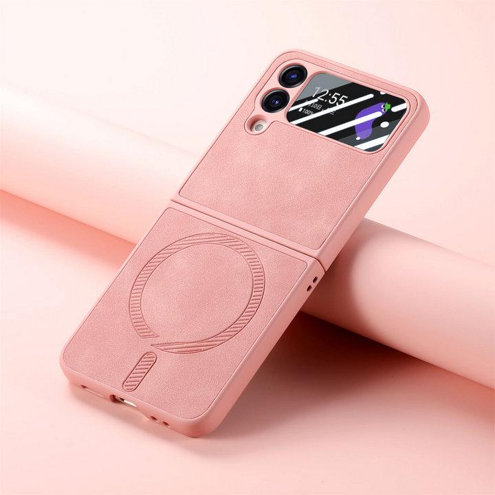 

Чехол Magsafe для Samsung Galaxy Z Flip 6 5 4 Матовый кожаный чехол для телефона Samsung Z Flip4 Flip5 Flip6 Защитные чехлы с защитой экрана Galaxy Z Flip 6 розовый