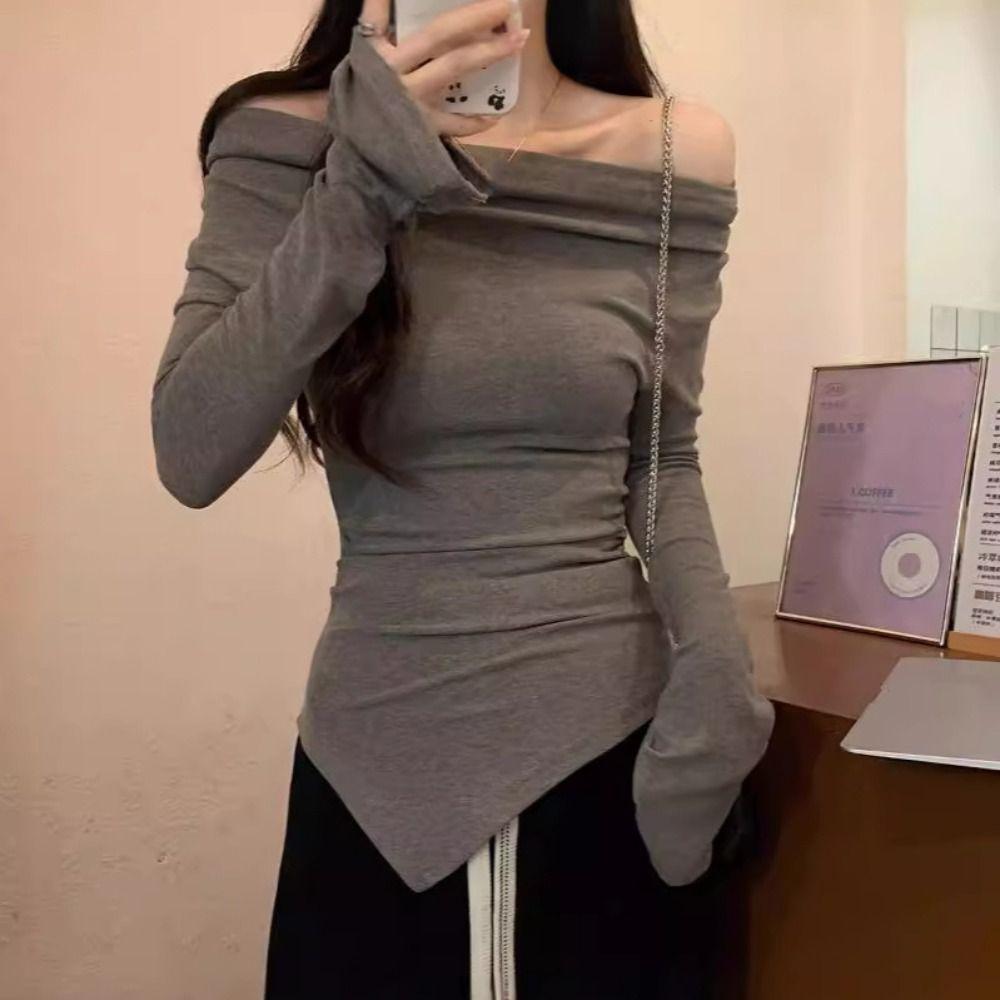 Irregular Slanted Shoulder Pullover Slim Fit T Shirts Women Y2k Fashion Long Sleeve T-shirt Spring