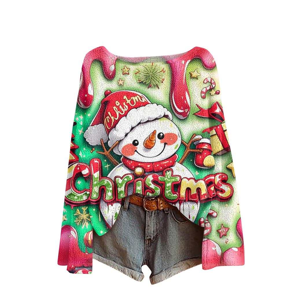 Women's Fashion Round Neck Long Sleeve Christmas Print Casual Knit Pullover Top