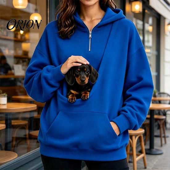 Travel Sweatshirt with Front Pouch Women Hoodie Pet Carrier Pocket, Half Zipper Pullover Sweatshirt, Dog for Small Pets Loose Fit Long Sleeve