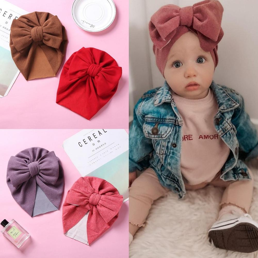 New Solid Color Baby Turban Cap Big Bow Infant Sweet Hat Newborn Elastic Bandana Headband Headscarf Beanie Kids Hair Accessories