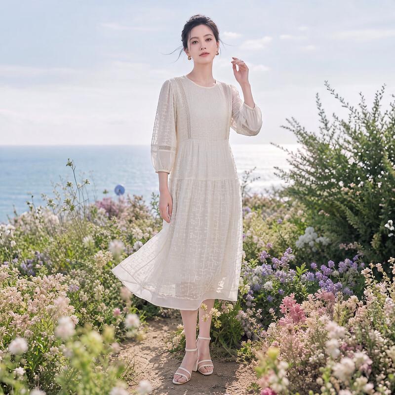 Women's 100% Mulberry Silk Lace Embroidered A-Line Dress