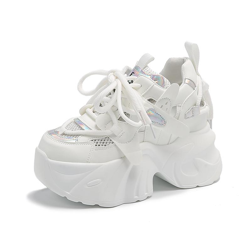 Fashion New Spring Mesh Sneakers Women Bling Platform Sports Shoes Woman Goth Thick Bottom High Heels Female 8CM Summer Hollow Sneakers