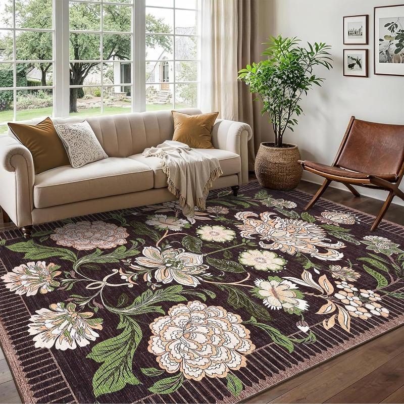 Vintage Persian Bohemian Flower Rug, Ombre Blossom Carpet with Striped Borders Traditional Floor Mat for Classic Interior Design