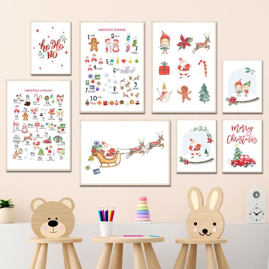 Santa Claus Sled Snowman Christmas Tree Alphabet Art Canvas Painting Nordic Posters And Prints Wall Pictures For Kids Room Decor No Frame