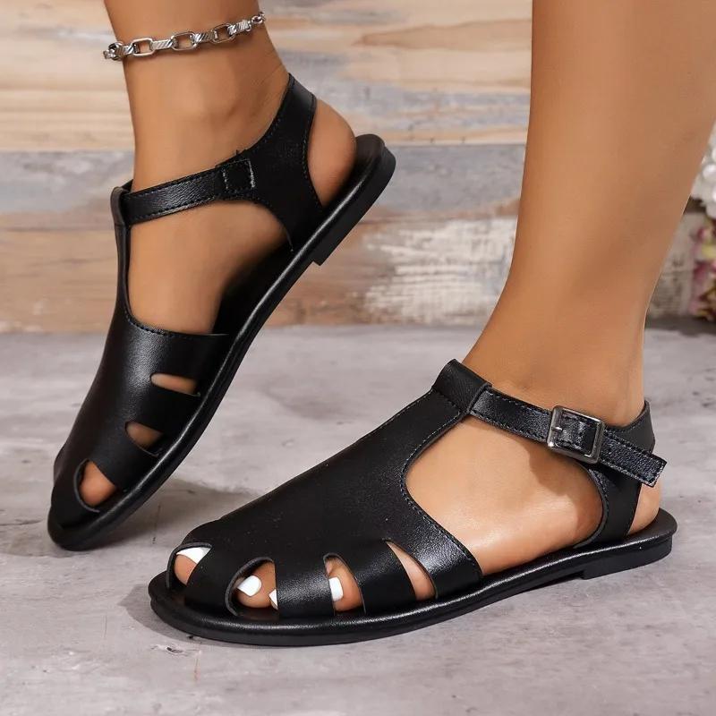 2024 Letní Nové Vysoce Kvalitní Dámské Boty Baotou Jednobarevné Dámské Sandály Velká Velikost Spona Módní Dámské Sandály