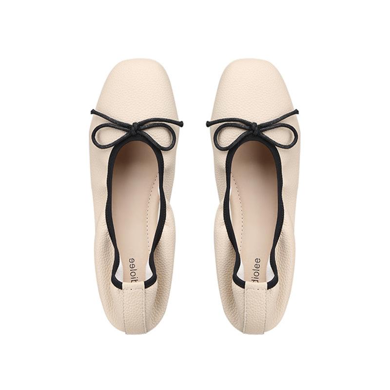 High-end cowhide version~ Xiaoxiangfeng bow light mouth flat-soled single shoes female soft-soled fairy wind round head ballet shoes