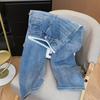 American Spicy Girl Rhinestone Lace Patchwork High-Waisted Straight Leg Slimming Denim Jeans