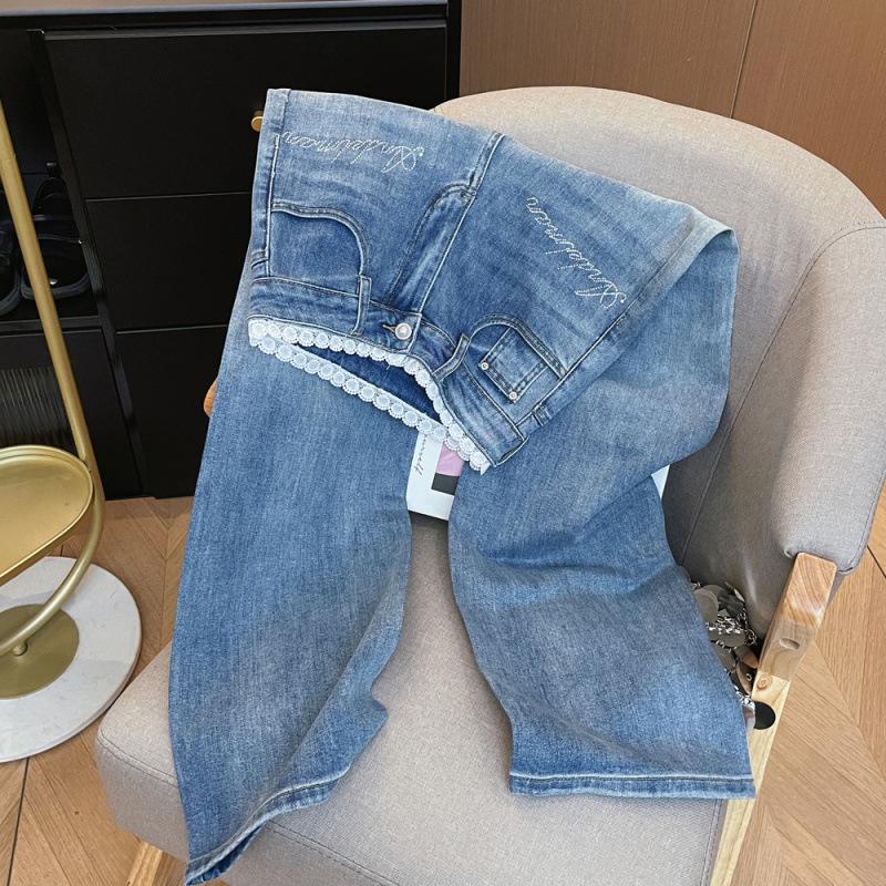 American Spicy Girl Rhinestone Lace Patchwork High-Waisted Straight Leg Slimming Denim Jeans