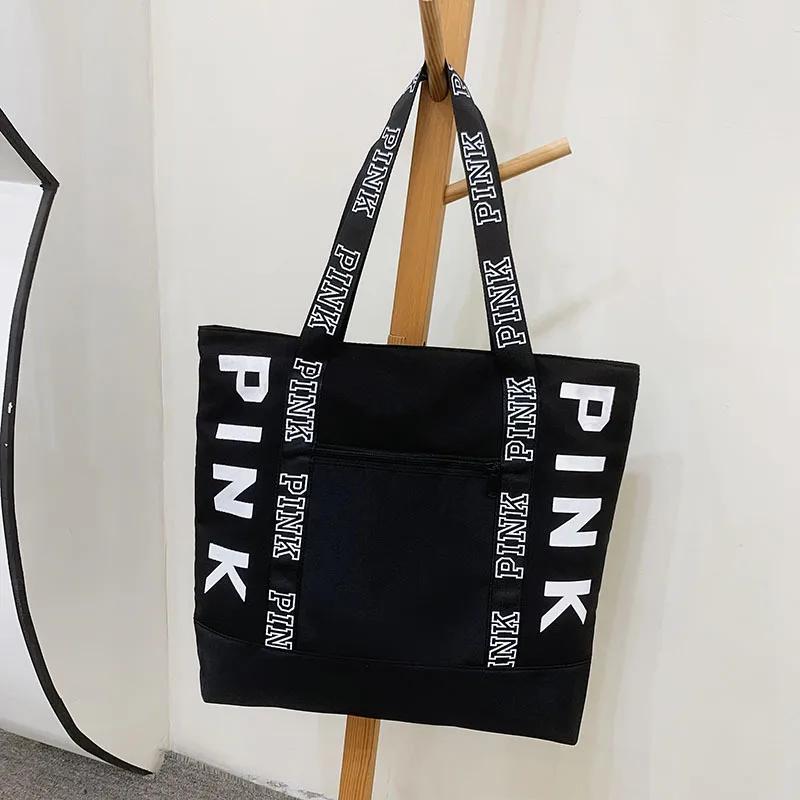 Colorblock Pink Letter Graphic Tote Handbags Woman Shoulder Bags Casual Sports Fitness Tote Bag Women Handbag Nylon Fabric