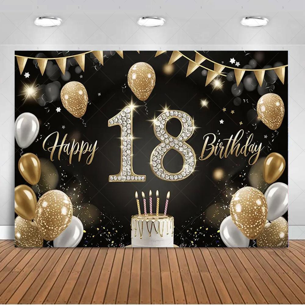 18th  Birthday Partys Decoration Backgound Black Gold Glitter Balloon Banner Women Men Boys Girls Bar Mitzvah Photography Props
