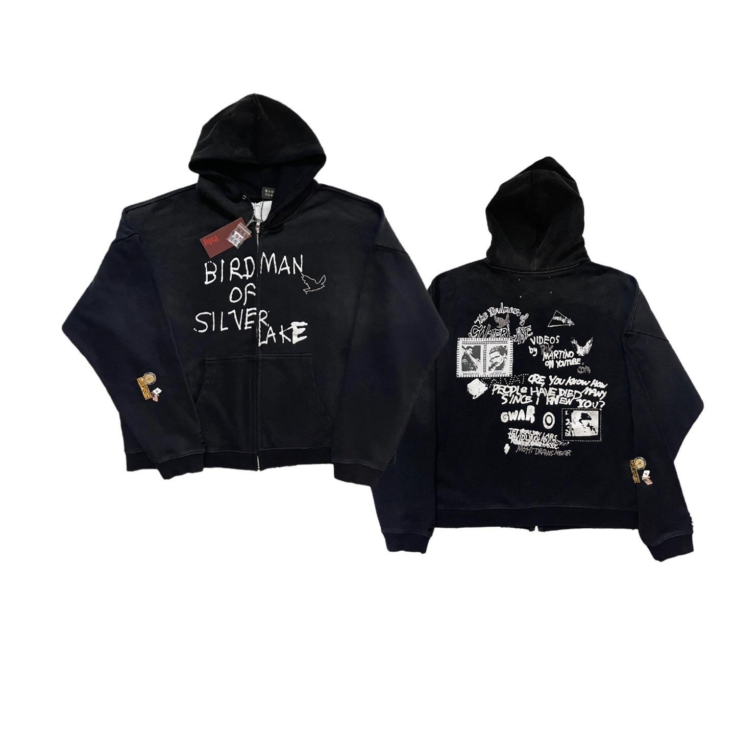 Hollywood Birdman Medal Patch Distressed Zipper Hoodie L промывают черный