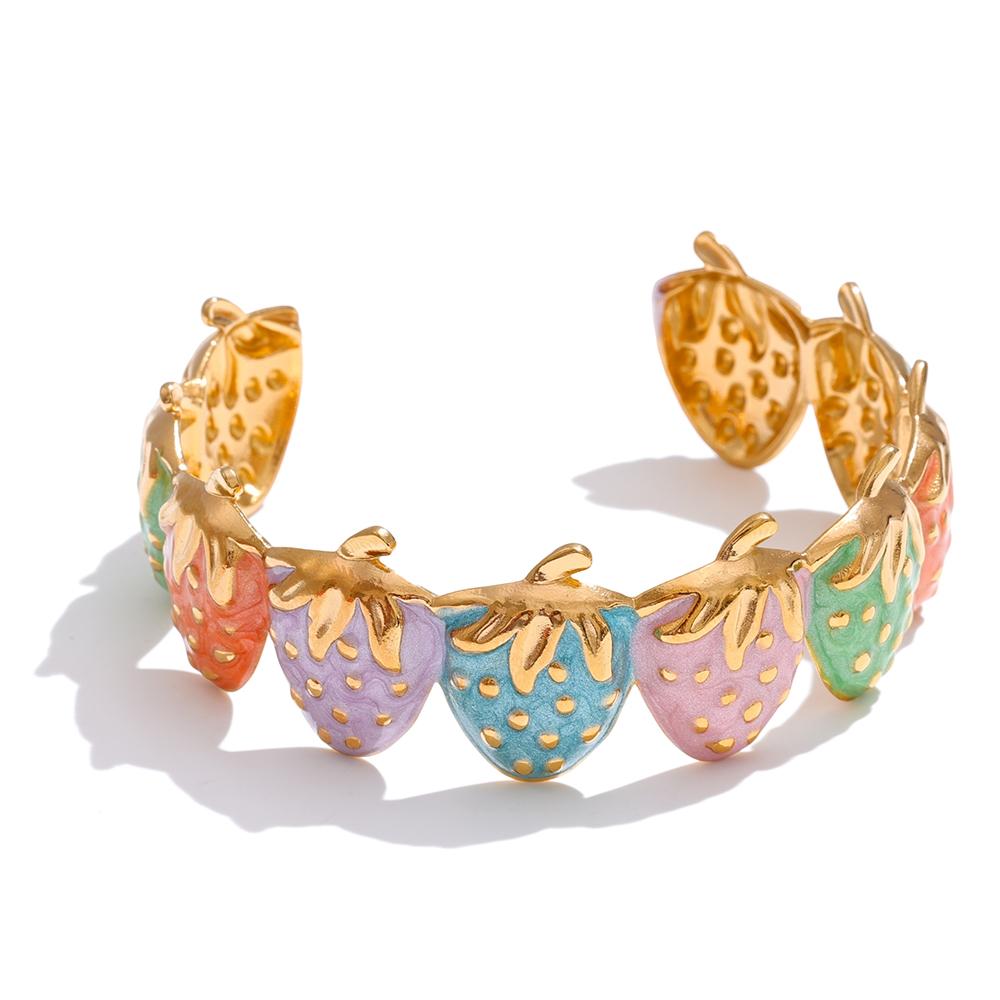 

Yhpup Red & Colorful Enamel Strawberry Sweet Open Cuff Bracelet Bangle Hot Style Stainless Steel Golden Wrist Fruit Jewelry