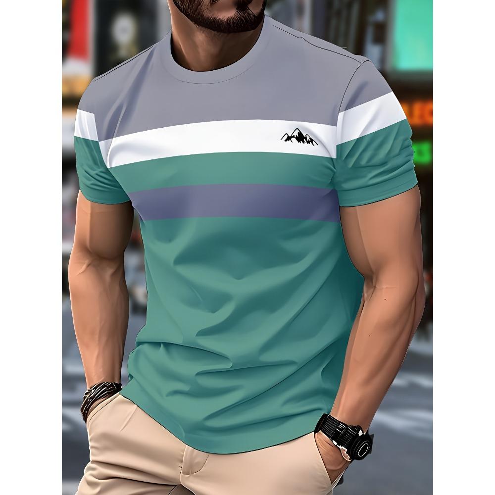 3D printed color striped men's T-shirt with anchor pattern short sleeved T-shirt