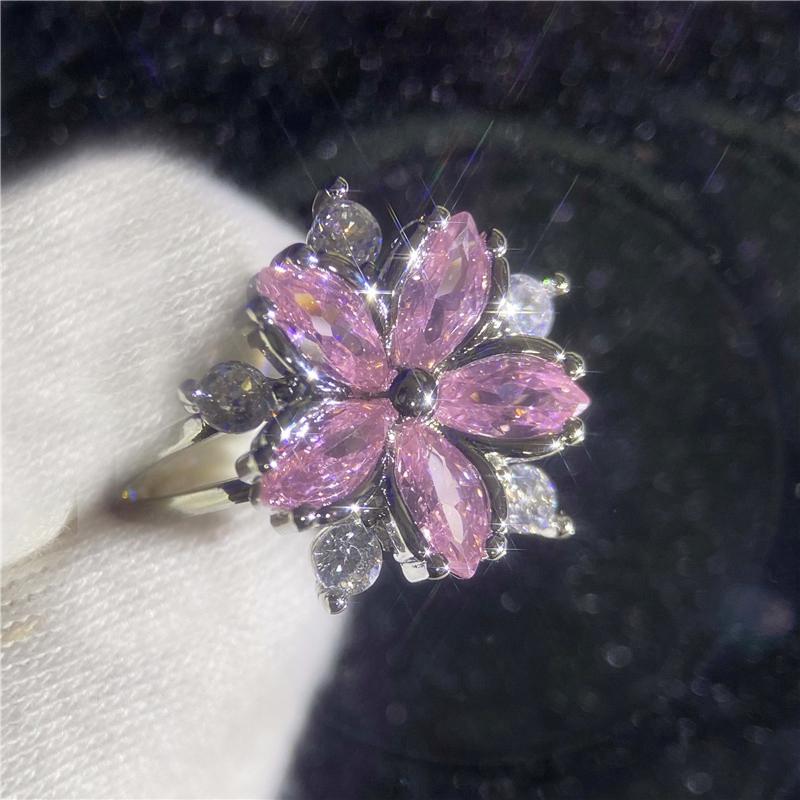 CC Pink Flower Rings For Women Silver Color Cubic Zirconia Luxury Princess Wedding Engagement Fine Jewelry Anel CC1688