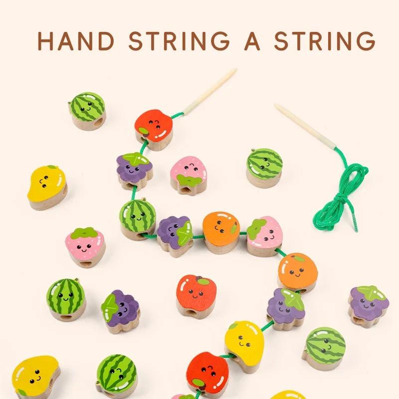 Wooden DIY Toy Cartoon Fruit Stringing Threading Color Shape Matching Puzzle Game Wooden Beads Toy Montessori Education Toy