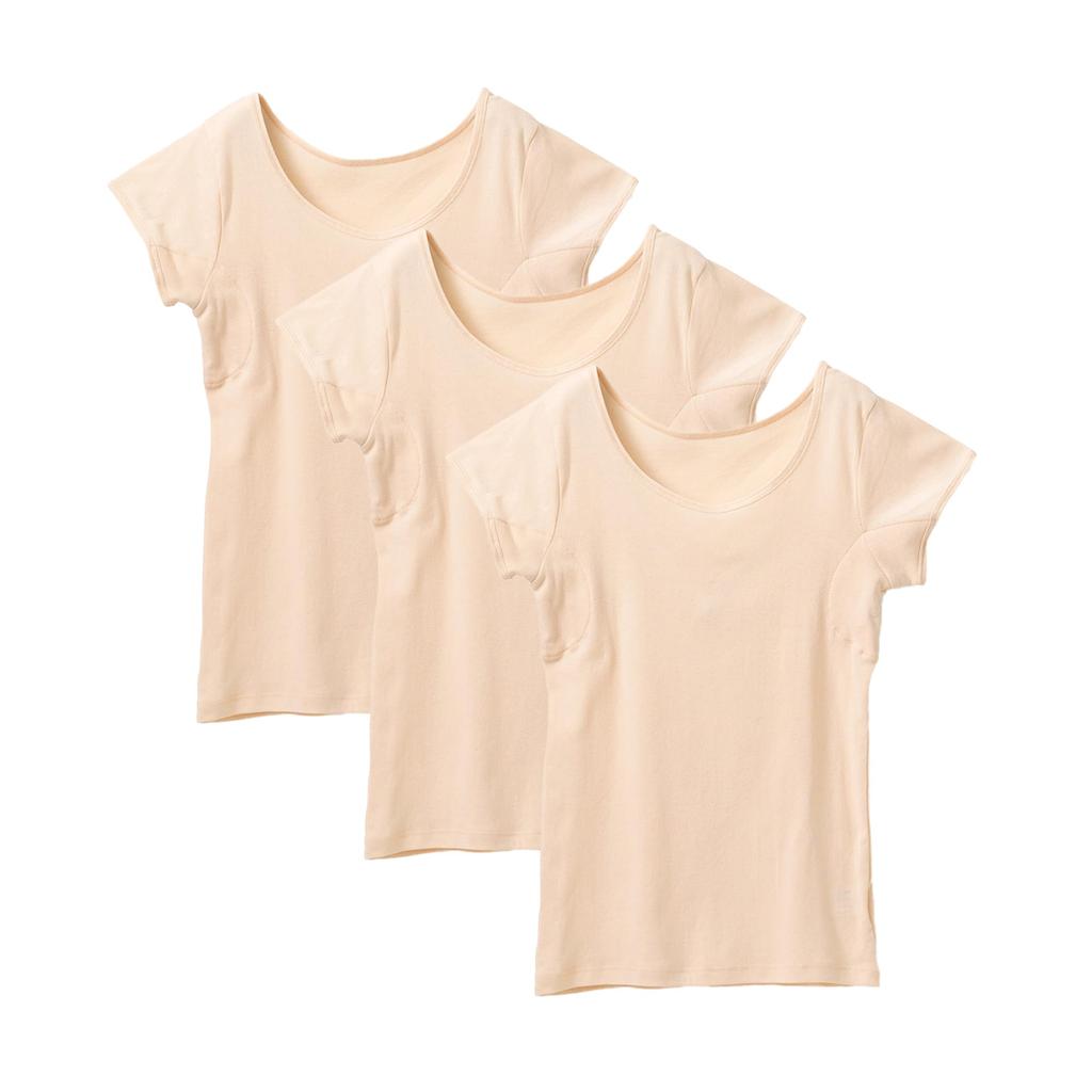Shirasagi Knit Dry French Short with Sweat Beige 3-Pack, Skin, 100% Cotton, Sleeve, Sleeve, Sweat-Absorbing Underwear, Women's, Pads, M9482P-E, LL,