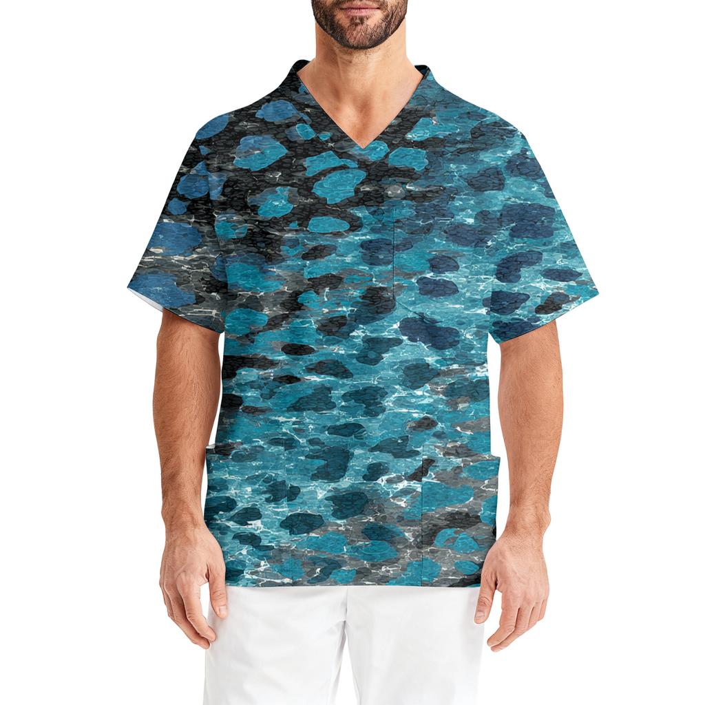 Men's Printing Short Sleeve V,neck Working Blouse Chest Pocket Carer Top