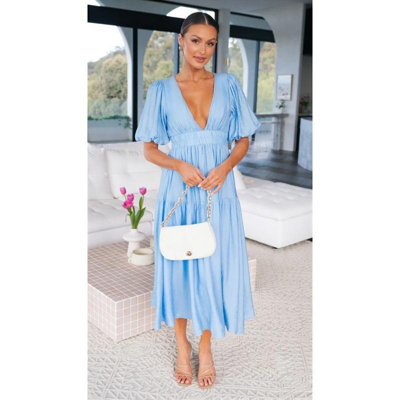 Women's Casual Fashion Trend Summer V-neck Waist Midlength Dress